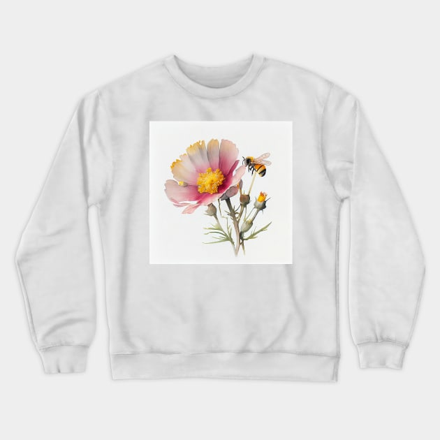 Watercolor of pink wildflower and single bumble bee Crewneck Sweatshirt by Danielleroyer